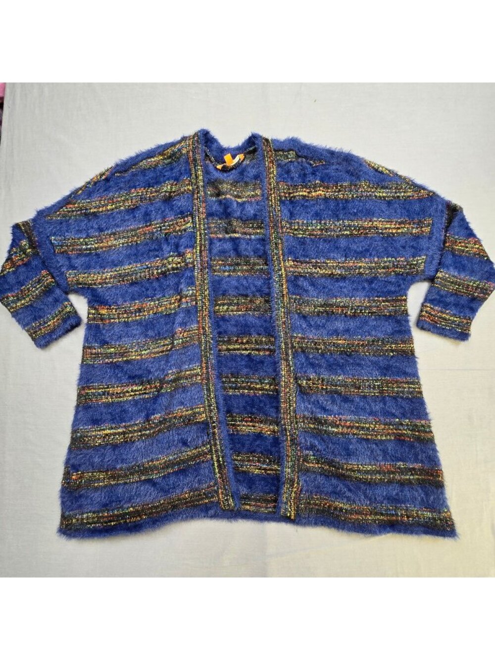 Modcloth 1X Open Front Cardigan Blue Striped Fuzzy Knit Sweater Dolman Sleeve
